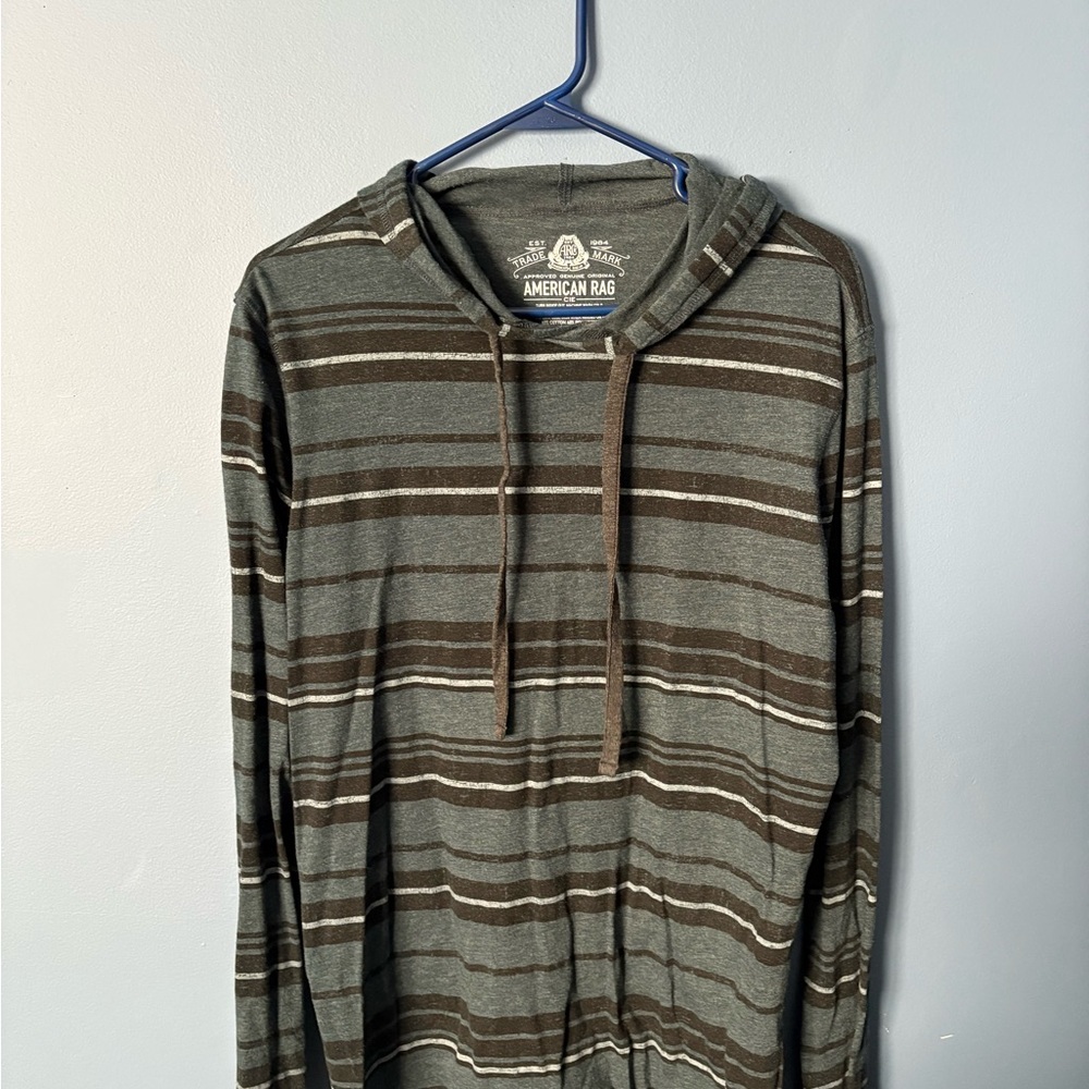 American Rag Men's Gray & Brown Striped Hooded Shirt MEDIUM